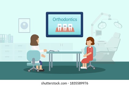 Orthodontics concept with orthodontist and child patient flat design vector illustration