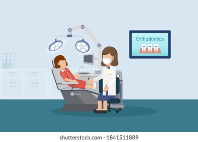 Orthodontics concept with orthodontist and child patient flat design vector illustration