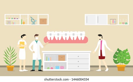 orthodontics dentist concept with team doctor and nurse people teeth with modern flat style - vector