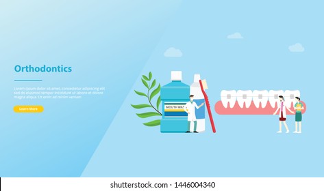 orthodontics dentist concept with team doctor and nurse people teeth with modern flat style for website template or landing homepage - vector