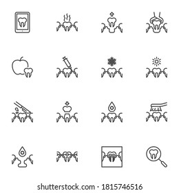 Orthodontics, dentistry line icons set, outline vector symbol collection, linear style pictogram pack. Signs, logo illustration. Set includes icons as dental care, tooth extraction, treatment, braces