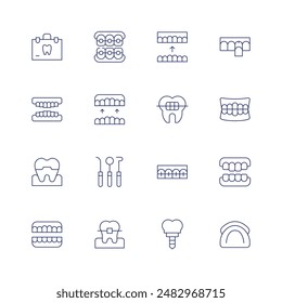 Orthodontics icon set. Thin line icon. Editable stroke. Containing braces, dentalcrown, dentisttools, denture, implant, orthodontic, suitcase, teeth, tooth.