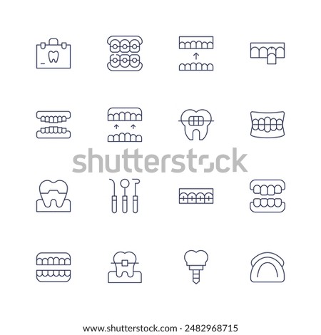 Orthodontics icon set. Thin line icon. Editable stroke. Containing braces, dentalcrown, dentisttools, denture, implant, orthodontic, suitcase, teeth, tooth.