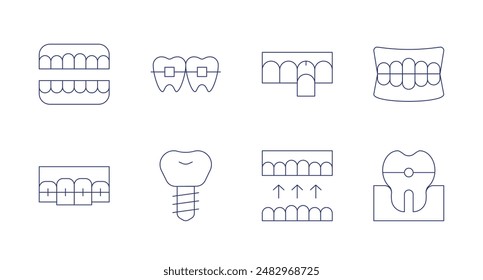 Iconos de ortodoncia. Trazo editable. Contiene aparatos ortopédicos, implante dental, dentadura postiza, dientes, dientes.