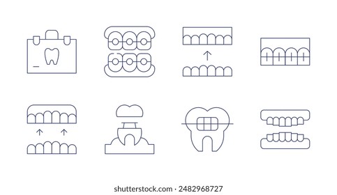 Orthodontics icons. Editable stroke. Containing braces, brackets, denture, implant, orthodontic, suitcase, teeth.