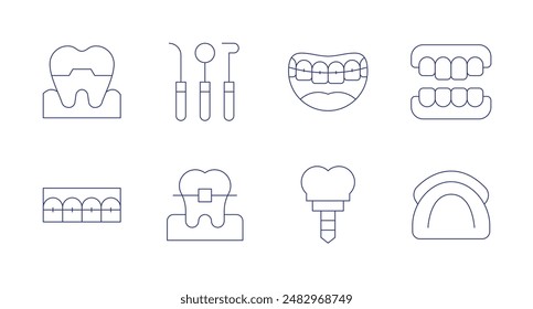 Orthodontics icons. Editable stroke. Containing braces, dentalcrown, dentisttools, implant, orthodontic, denture.