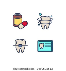 Orthodontics line icon set. Braces, retainer, treatment plan and medicaments. Correcting smile concept. Vector illustration for web design and apps