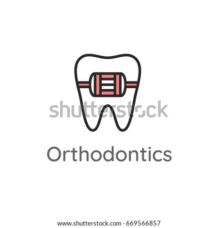 Orthodontics. Tooth with metal braces or bracket system. Dental icon. Web pictogram for dentistry. Stomatology concept, logo or illustration. Orthodontist orthopedist specialization emblem.