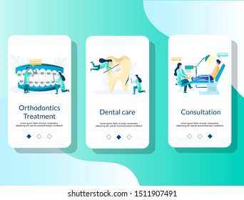 Orthodontics treatment, Dental care and Consultation mobile app onboarding screens. Menu banner vector template for website and application development. Dentistry services, oral health care.