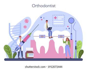 Orthodontist concept. Dental doctor in uniform treating dental and facial irregularities using medical equipment. Braces installing. Idea of dental and oral health. Flat vector illustration