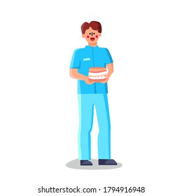 Orthodontist Doctor Medical Worker Hold Jaw Vector. Orthodontist Young Man Wearing Hospital Uniform With Teeth In Hands. Character Dentist Clinic Dental Worker Flat Cartoon Illustration