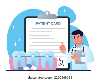 Orthodontist installs braces. Doctor next to document, agreement with medical institution. Dentist corrects problems with celestial and occlusion, healthcare. Cartoon flat vector illustration