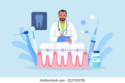 Orthodontist Installs Dental Braces For Straightening. Tiny Dentist Doctor Research X-ray Picture Of Tooth. Dentistry, Braces Installation, Teeth Alignment. Prosthetics, Orthodontic Treatment 