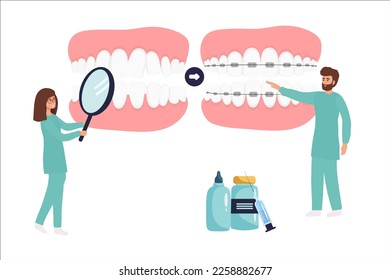 Orthodontist installs dental braces for straightening. Tiny Dentist doctor research X-ray picture of tooth. Dentistry, braces installation, teeth alignment. Prosthetics, Orthodontic treatment,