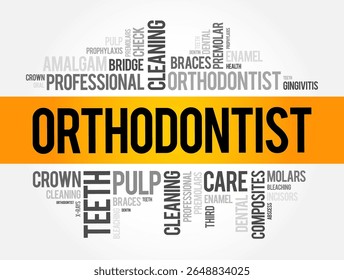 Orthodontist - means a dentist who specializes in correcting irregularities of the teeth and jaw, word cloud health concept background