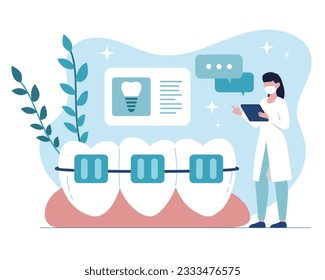 Orthodontist providing dental treatment with bracket system, consulting patients online. Dentist examining teeth quality. Flat vector illustration in blue colors in cartoon style