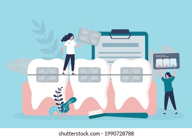 Orthodontist puts on dental braces. Dentist holds x-ray of jaw. Teeth straightening orthodontic appliance. Concept of stomatology and medical care. Orthodontic treatment. Flat vector illustration