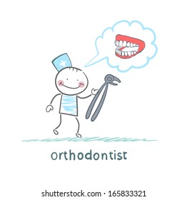 orthodontist with a tool for thinking about pulling out a tooth jaw