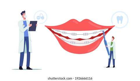 Orthodontist Treatment, Brackets Installation for Teeth Alignment, Dentistry Concept, Tiny Dentist Doctors Characters Install Dental Braces to Huge Patient Teeth. Cartoon People Vector Illustration