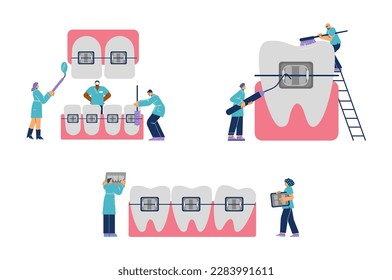 Orthodontists or dentists cleaning teeth with braces, flat vector illustration isolated on white background. Orthodontics symbols and characters collection.