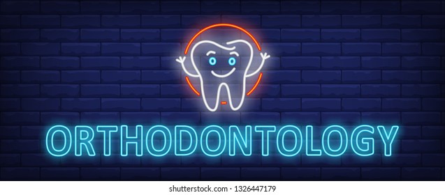 Orthodontology neon text, happy tooth cartoon character. Orthodontic treatment and dental clinic design. Night bright neon sign, colorful billboard, light banner. Vector illustration in neon style.