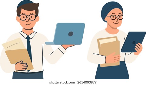 Orthodox business couple holding tech devices and documents, representing integration of religion and modern startup life.