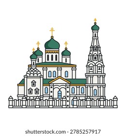 Orthodox cathedral with bell tower isolated on white background. Flat vector illustration of historic religious architecture.