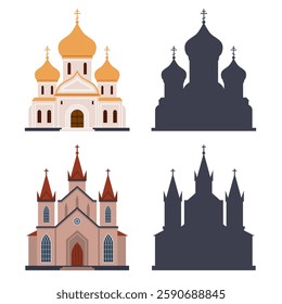 Orthodox Cathedral and Catholic Church. Religious architecture buildings. Golden domes, traditional style, gothic monastery, Abbey chapel, stone temples. Cartoon isolated vector concept