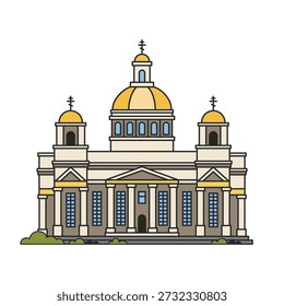 Catedral ortodoxa con cúpulas de oro y fachada clásica. Ilustración vectorial. Objeto aislado sobre fondo blanco. Lugar famoso urbano, religioso y turístico.