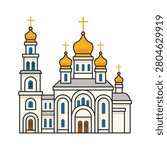 Orthodox cathedral with golden domes isolated on white background. Vector illustration. Christian church with bell tower and traditional Russian architecture.