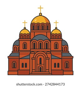 Orthodox cathedral with golden domes and red brick facade. Vector illustration. Object isolated on white background.