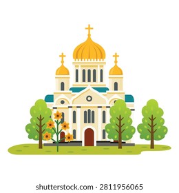 Orthodox cathedral with golden domes and trees isolated on white background. Vector illustration. Historic church architecture with landscaped park.