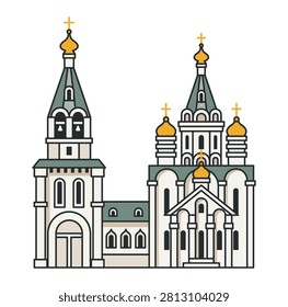 Orthodox cathedral isolated on white background. Vector illustration. Historic church with golden domes and traditional religious architecture.