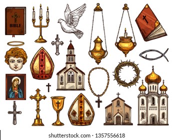 Orthodox and catholic or evangelic and protestant Christianity religion symbols. Vector isolated sketch religious icon, church and Jesus Christ thorn crown, Pope mitre, Christian dove and holy bible