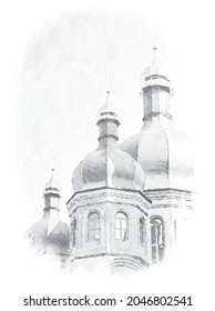 Orthodox Christian Church. Architecture Vector Illustration Monochrome.