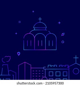 Orthodox christian church with dome gradient line vector icon, simple illustration on a dark blue background, cityscape buildings related bottom border.