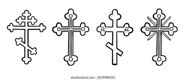 Orthodox christian crosses set isolated on white. Black line drawing, hand drawn design. Eight-pointed trefoil cross, IC XC letters, church crucifix with rays. Vector clipart, religions illustration.