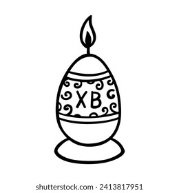 Orthodox christian Easter candle of egg shape with pattern and Christ is Rising symbols. Black line sketch isolated on white. Traditional decoration with Cyrillic letters means Happy Easter.