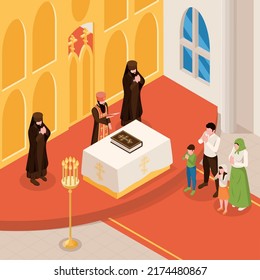 Orthodox christian isometric background with church symbols vector illustration