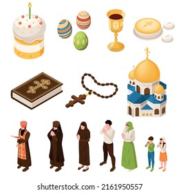 Orthodox Christian Isometric Set With Religion And Church Symbols Isolated Vector Illustration