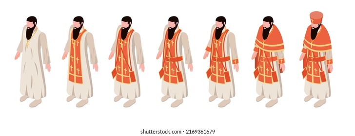 Orthodox christian isometric set with religion symbols isolated vector illustration