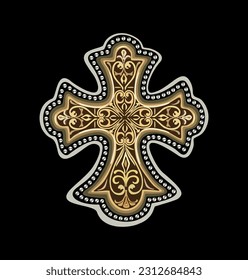 Orthodox Christian Jewelry Cross with ethnic ornament. Golden cross vintage jewelry vector realistic illustration isolated on black background. Elegant religious symbol