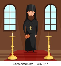 Orthodox christian priest or bishop with beard and cross. Eastern greek presbyter at church hall or chapel with candles where religious people faith in God or Jesus. Can be used for spiritual theme