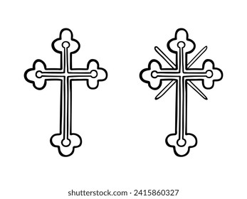 Orthodox christian trefoil cross isolated on white. Black line drawing sketch, church crucifix with rays. Vector illustration of Orthodox religion and traditions, christian holidays design, print.