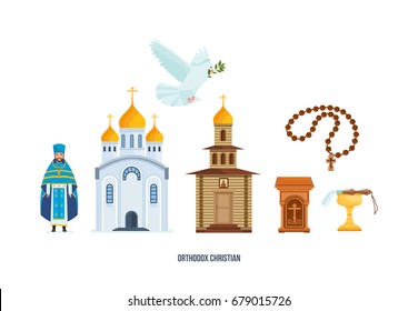 Orthodox christianity. Christian cross, beautiful church, chapel, pigeon with branch, priest in traditional vestment - cassock. Faith in God, Christianity, Orthodoxy. Vector illustration isolated.