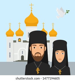 Orthodox christianity religion vector illustration. Priest and nun with cross and orthodox christianity white church and golden top. Faith in God, Christianity, Orthodoxy.