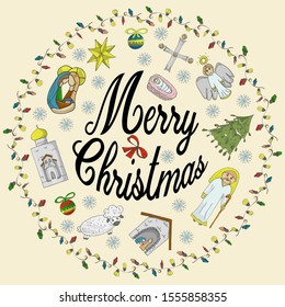 Orthodox Christmas color banner in a circle of garlands with the inscription congratulations in the style of children's Doodle baby tree among the balls angel baby urasheno snowflake temple vector 