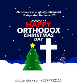 Orthodox Christmas Day event banner. A cross in the snow with a Christmas tree on a snowy night, with bold text on dark blue background to commemorate on January 7th