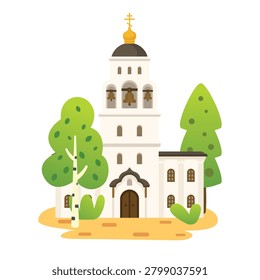 Orthodox church with bell tower and trees. Vector illustration. Religious architecture isolated on white background.