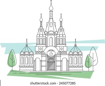 Orthodox church building with gate in flat style